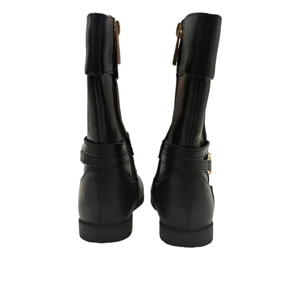 Michael Kors Girls Black Leather Logo Buckle Mid-Calf Boots Size 7